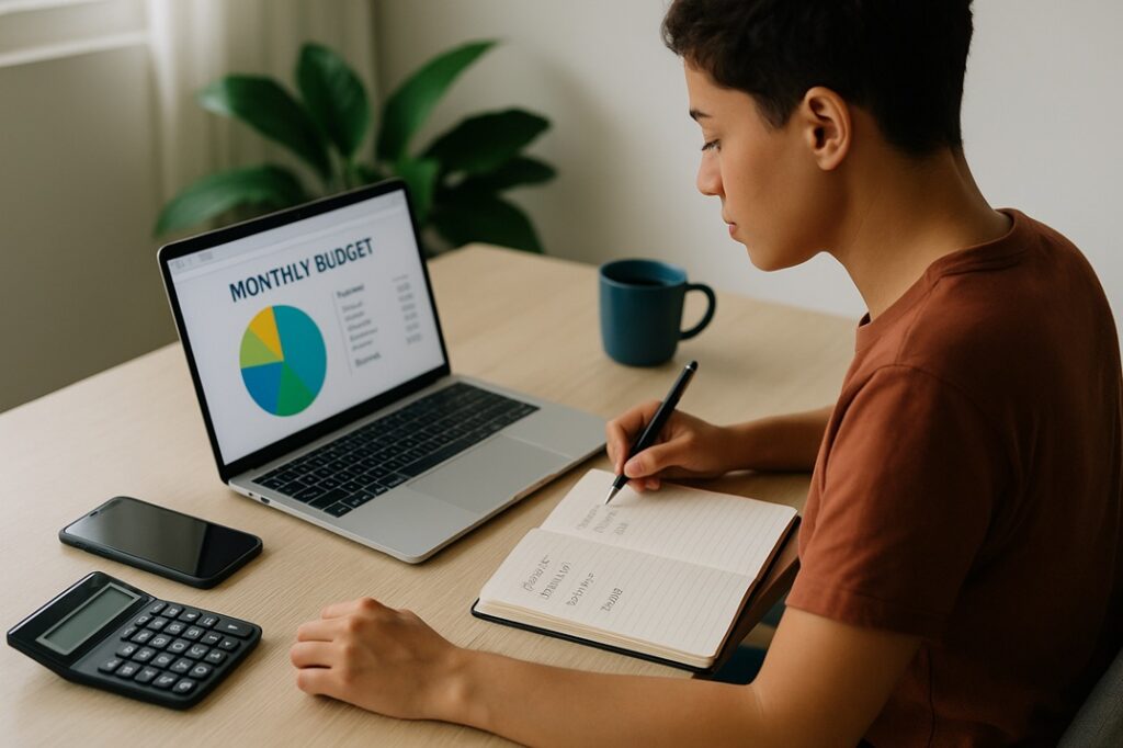 Analyze monthly expenses with a budget on laptop and notebook