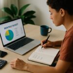 Analyze monthly expenses with a budget on laptop and notebook