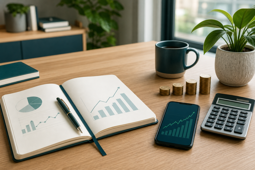 Financial planning workspace with savings chart, calculator, coins and plant