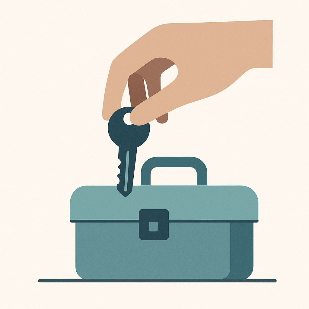 Hand placing a spare key beside a toolbox for low-cost income ideas.