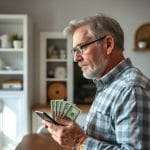 U.S. driver reviewing auto insurance policy documents beside car keys at a kitchen table.