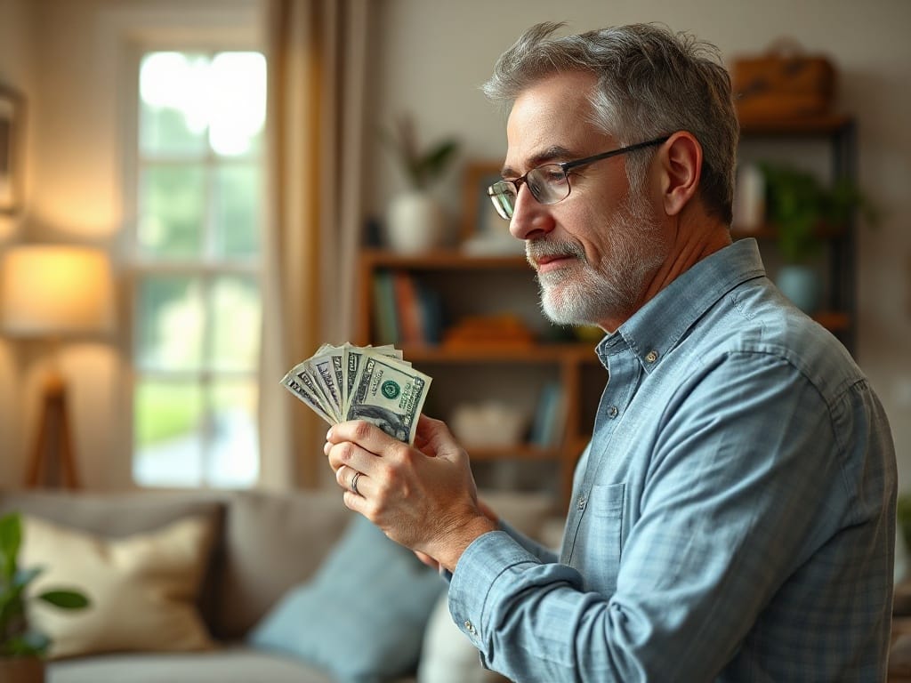 American couple reviewing credit card statements and a household budget at their kitchen table.