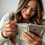 Young U.S. couple reviewing mortgage paperwork and budgeting for home purchase expenses.