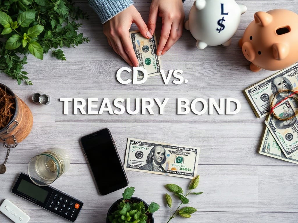 U.S. saver reviewing bank and Treasury investment documents at a kitchen table.