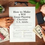 U.S. adult reviewing estate planning documents with a notary at a kitchen table.