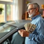 U.S. couple reviewing a used car listing and monthly budget at kitchen table.