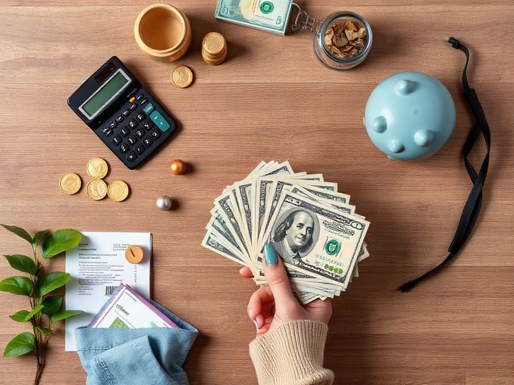 Freelancer reviewing tax documents and a payment envelope at a kitchen table.