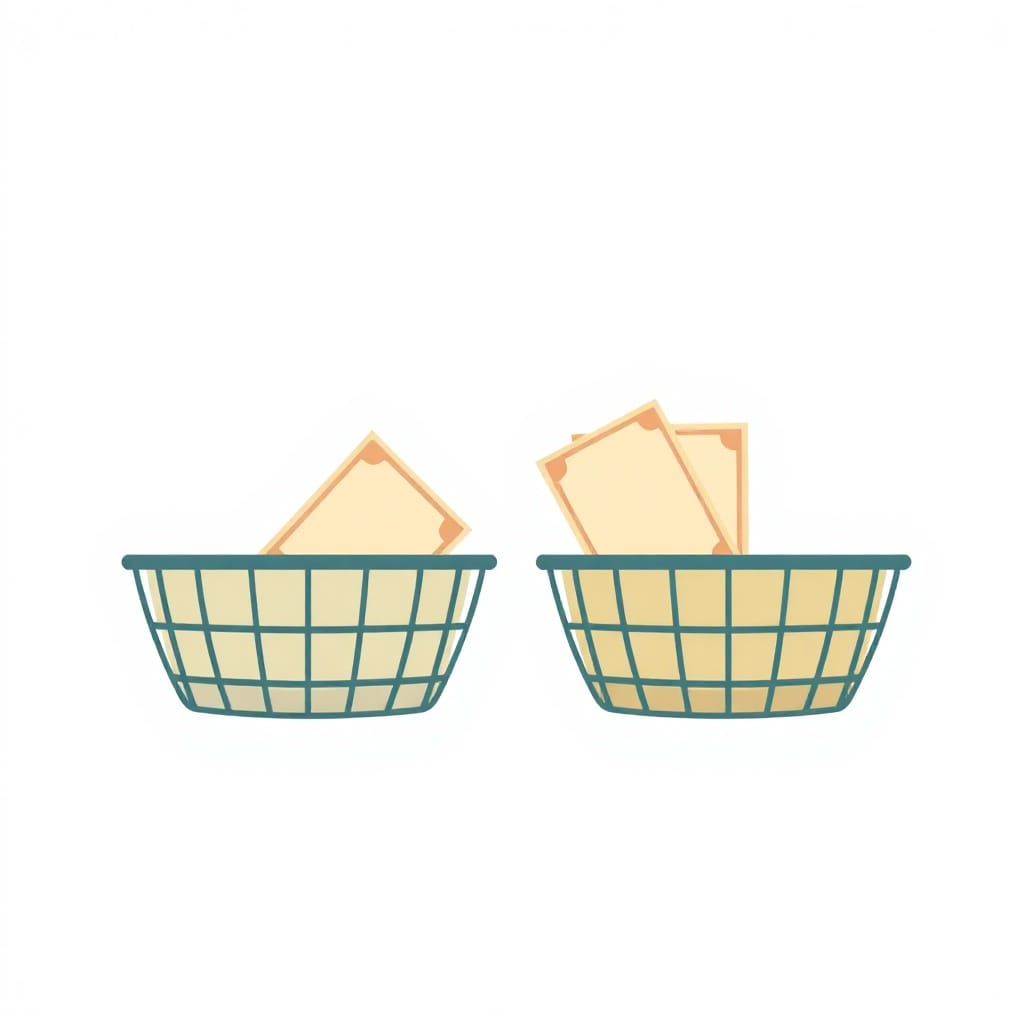 Two investment baskets illustrate index funds vs ETFs for a beginning investor.