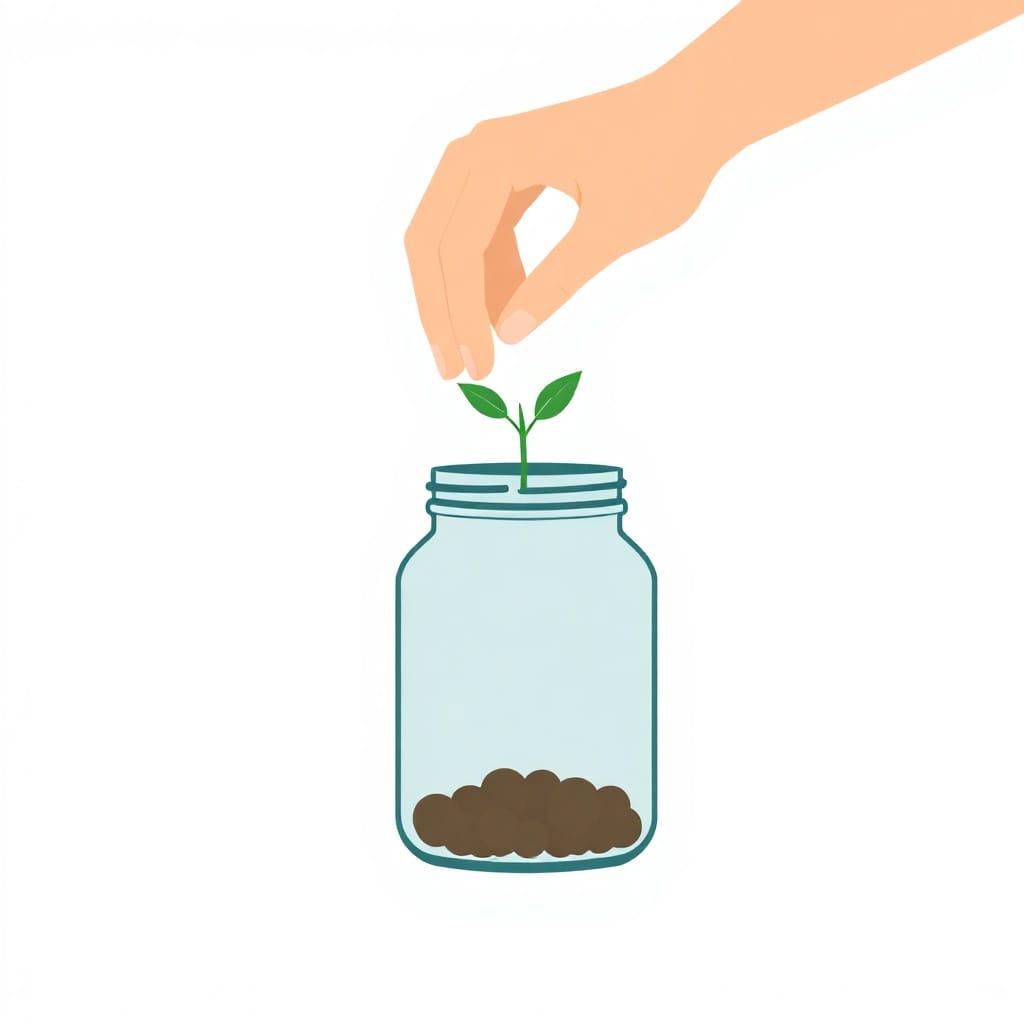 Hand placing a seedling into a savings jar for how to choose 401k investments.