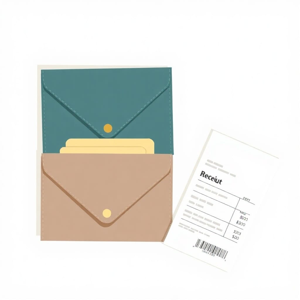 Two wallet envelopes and a medical receipt comparing HSA vs FSA options.