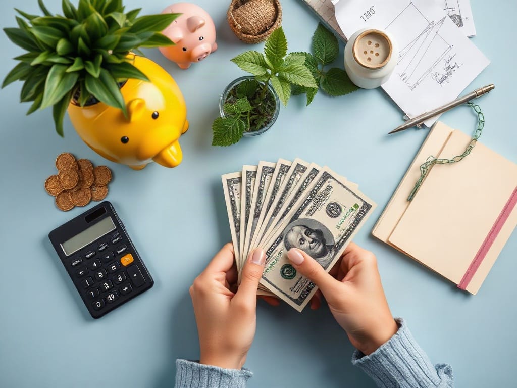 U.S. consumer reviewing checking account documents and debit cards at a kitchen table.