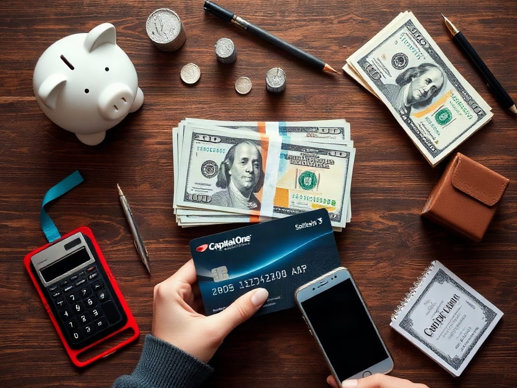 U.S. cardholder reviewing a Capital One statement and settlement options at a kitchen table
