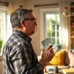 U.S. consumer reviewing a credit report and mortgage paperwork at a kitchen table.
