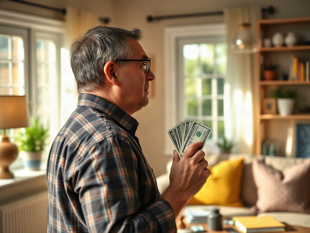 U.S. consumer reviewing a credit report and mortgage paperwork at a kitchen table.
