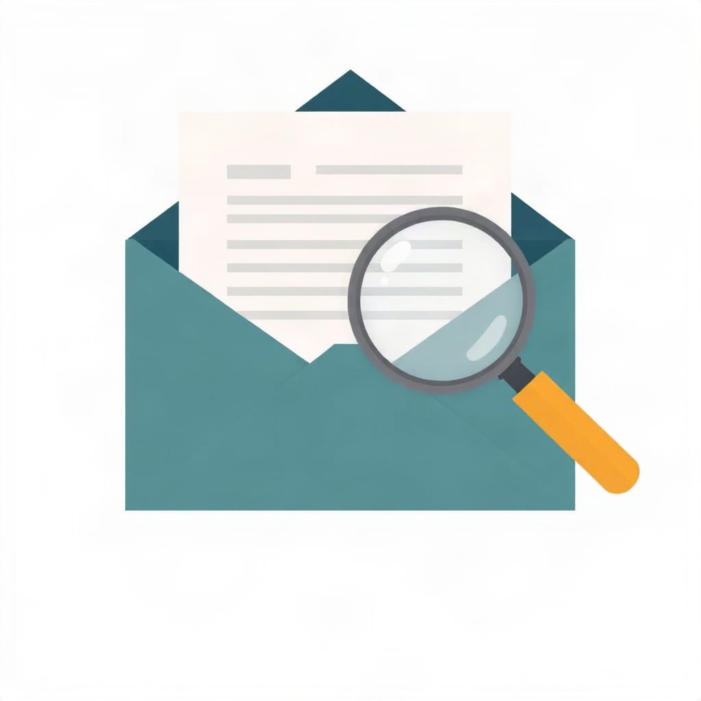 Envelope and magnifying glass beside a debt validation letter for reviewing collector details.
