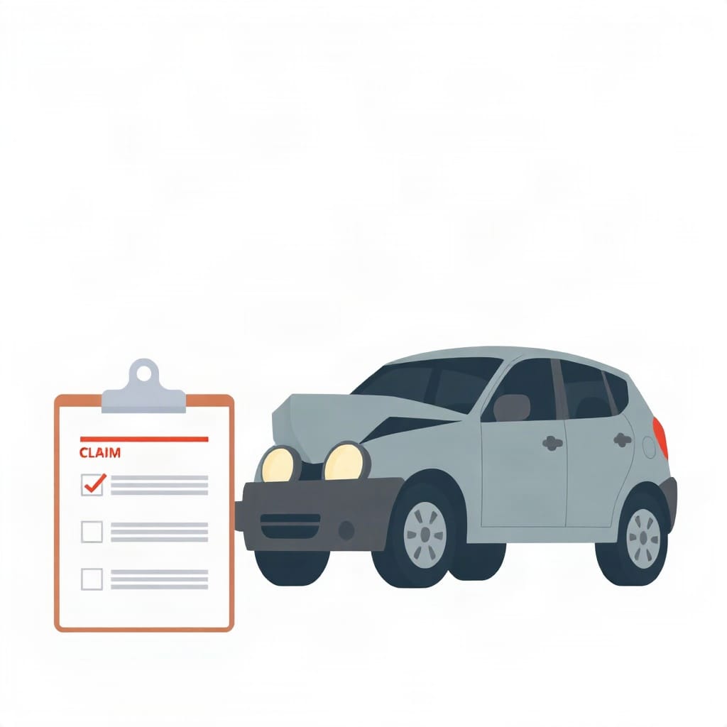 Damaged car and claim clipboard illustrating how car insurance claims work after an accident.